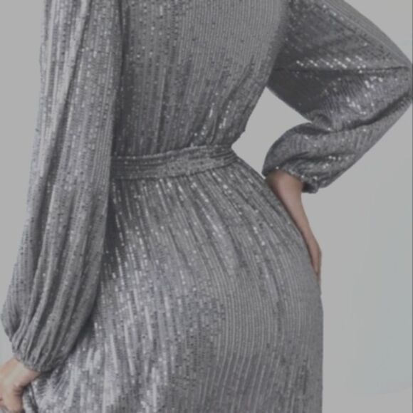 Silver Sequins Mock Wrap Mini Dress Cocktail Long Sleeve New with Tags size S - Picture 7 of 12